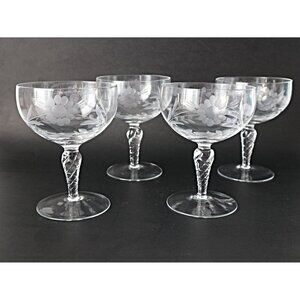4 Vintage Etched Wine Glasses Barware MCM